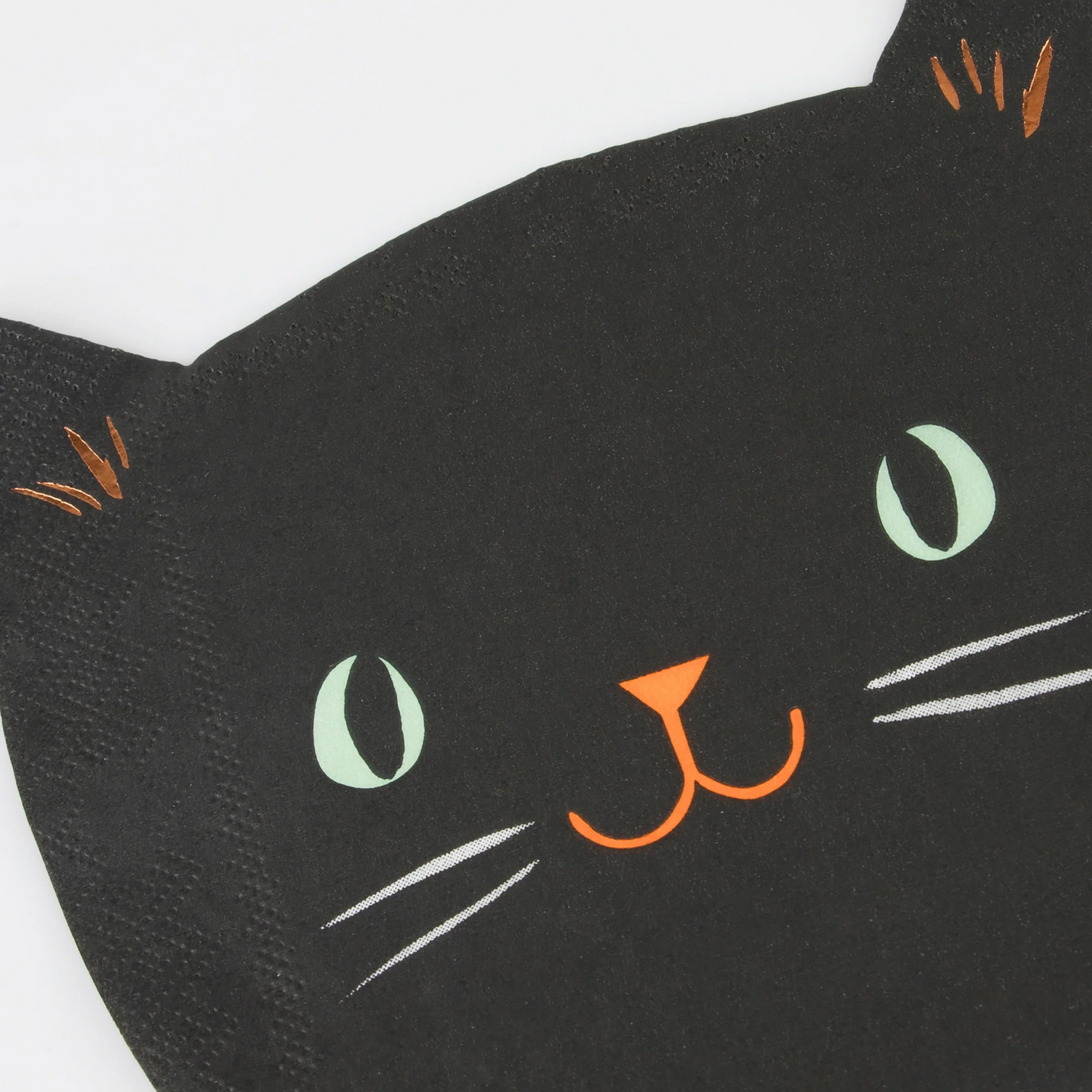 Black cat illustration with green eyes and an orange nose on a white background