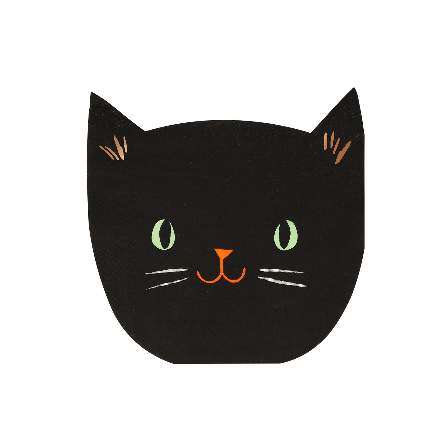 Black cat face with green eyes and an orange nose on a white background