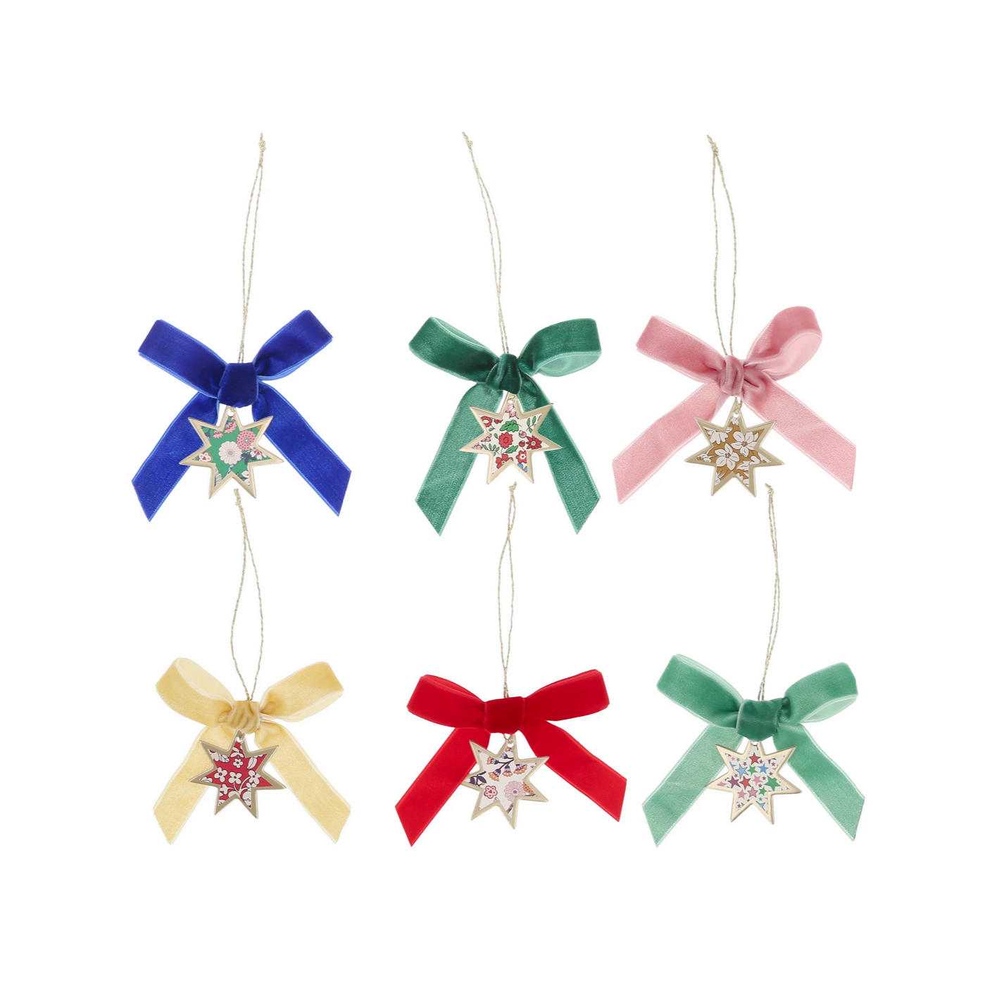 Set of colorful bow-shaped Christmas ornaments with star details on a white background