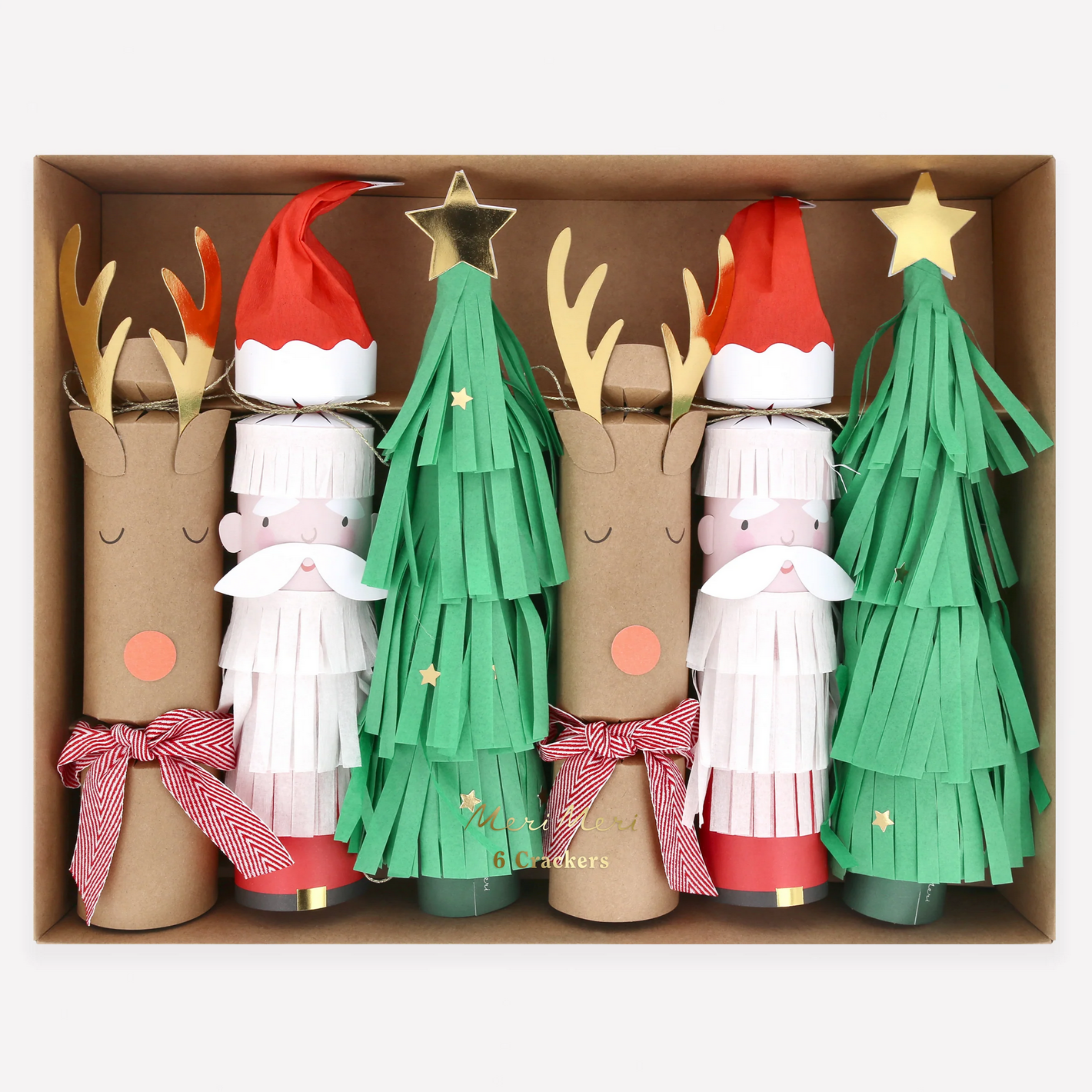 Set of Christmas-themed paper rolls in a box, including reindeer, Santa Claus, and Christmas tree designs.