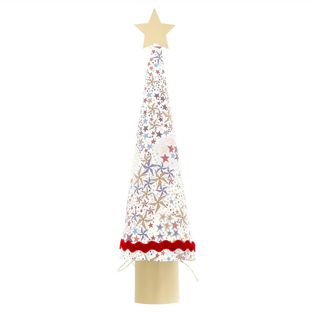 Decorative Christmas tree with star patterns and a gold star on top against a white background