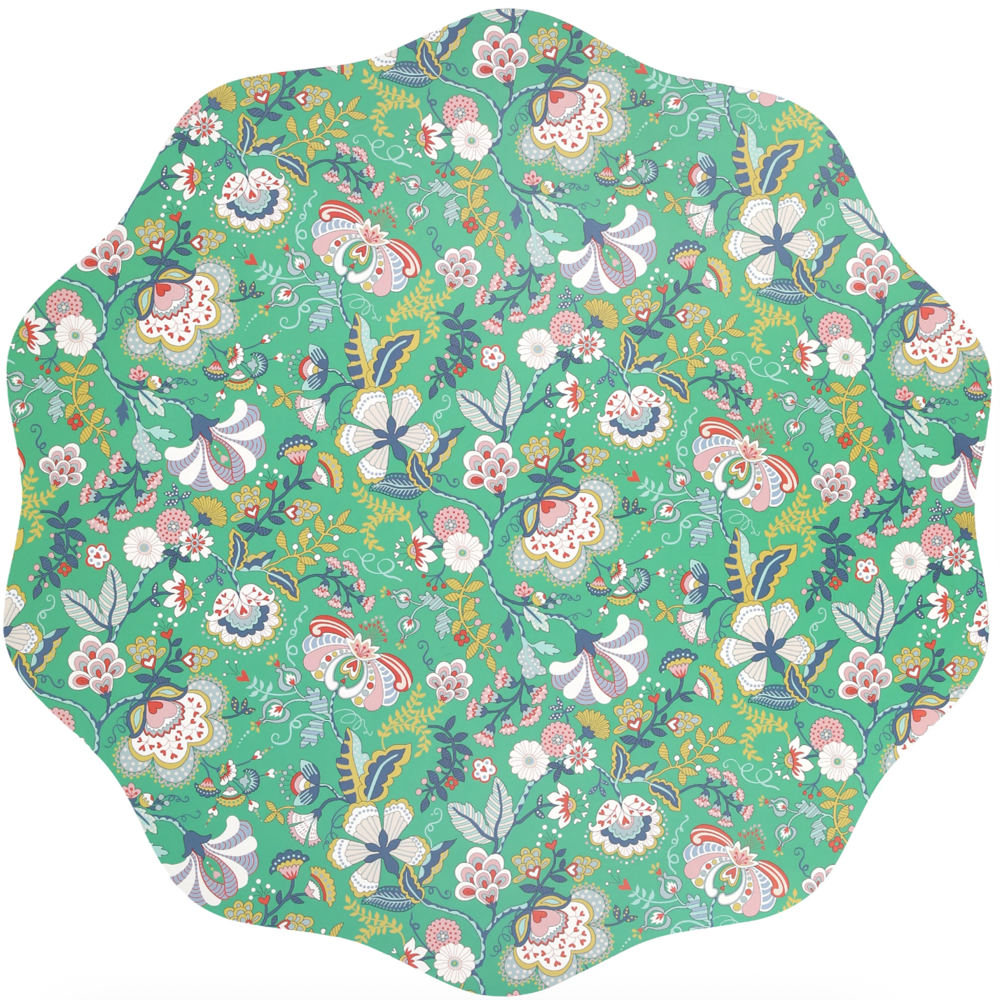 Hexagonal fabric swatch with a colorful floral pattern on a green background