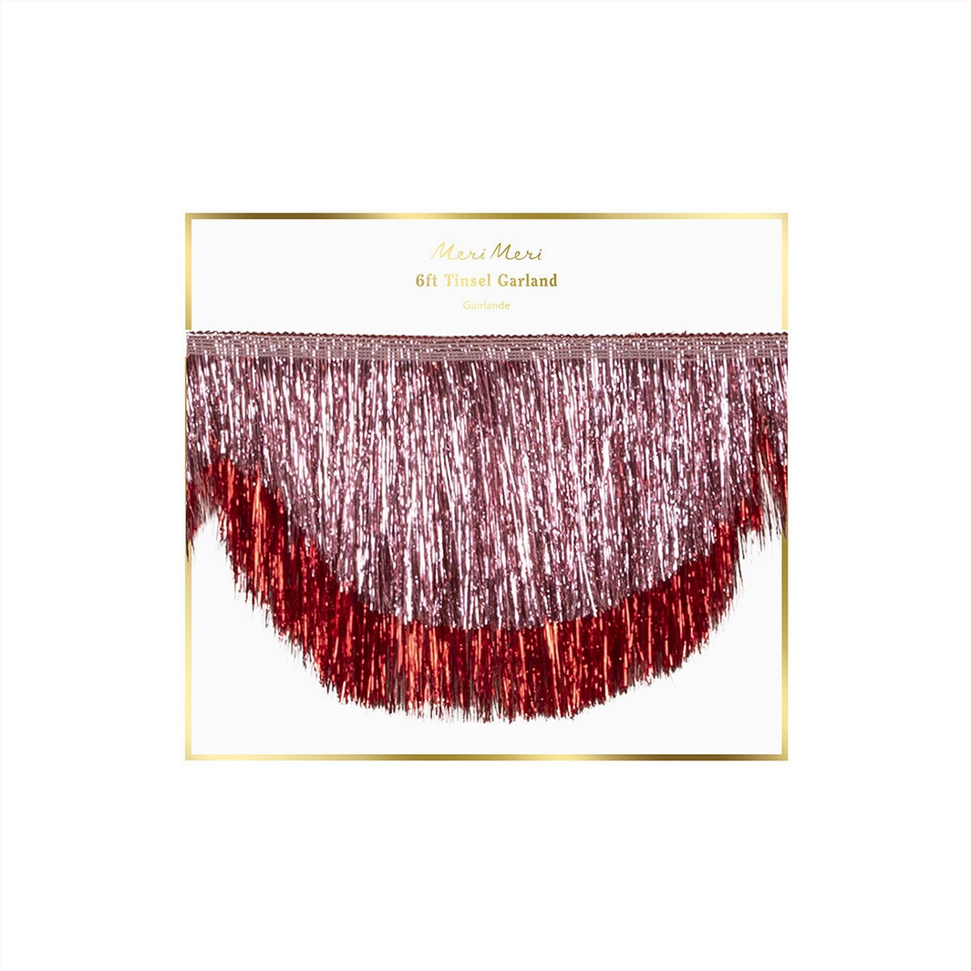 Red tinsel garland with 'Mardi Gras' branding on a white background