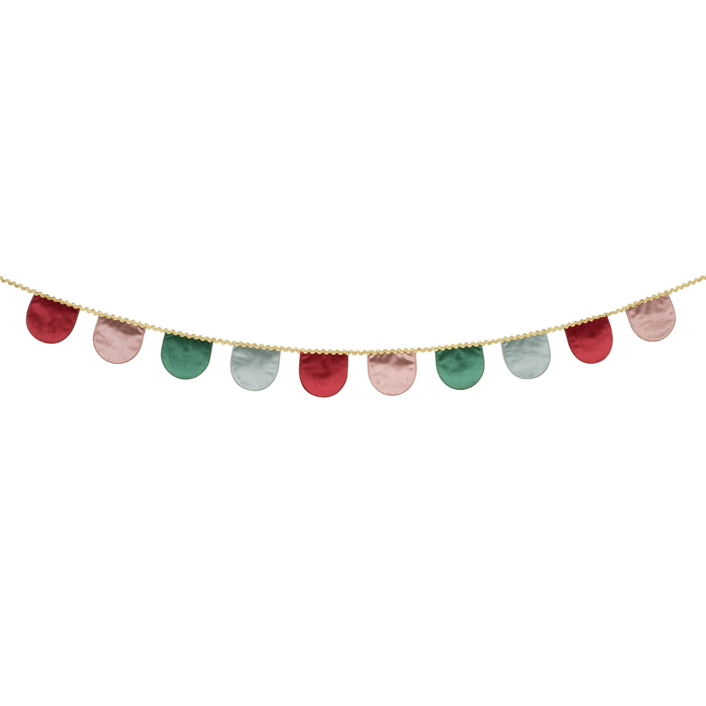 Decorative string banner with red, green, and pink half-circle flags on a white background