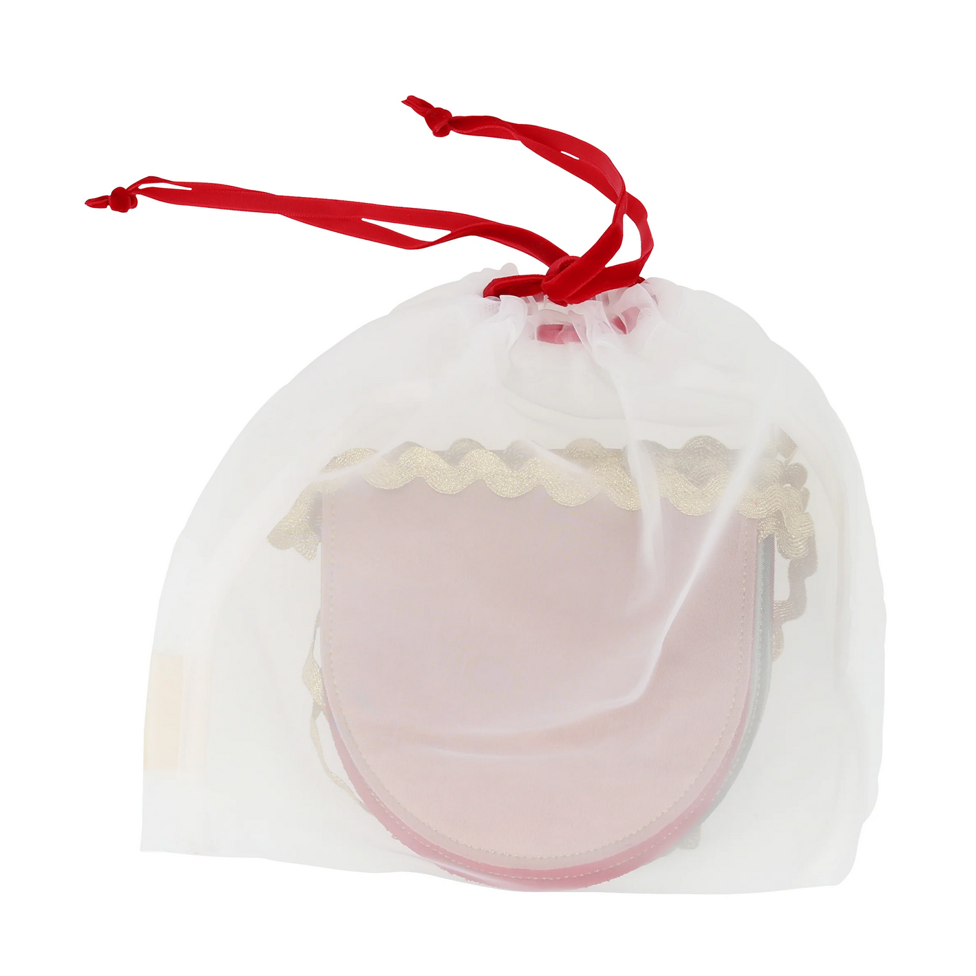Pink product in a clear drawstring bag on a white background