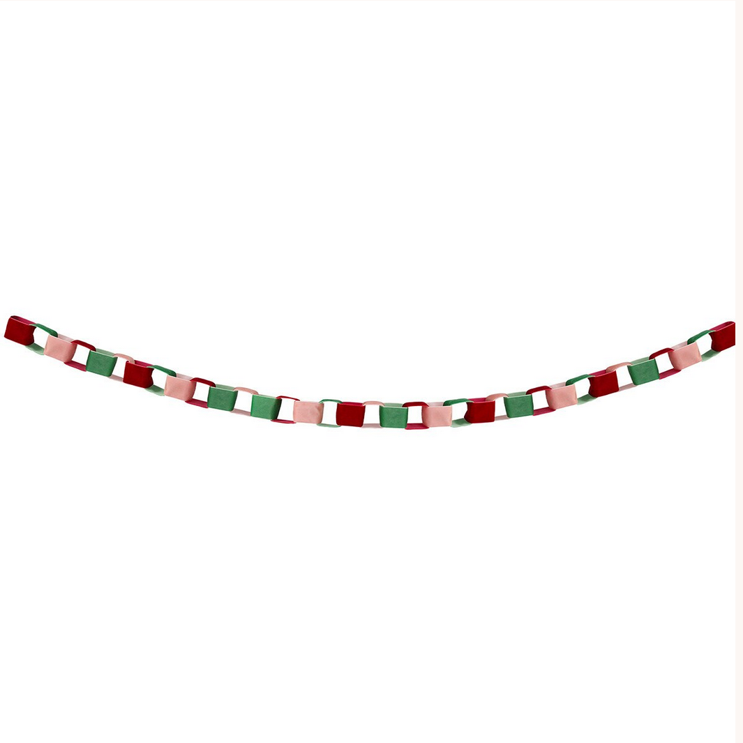 Decorative string with red, green, and pink squares on a white background