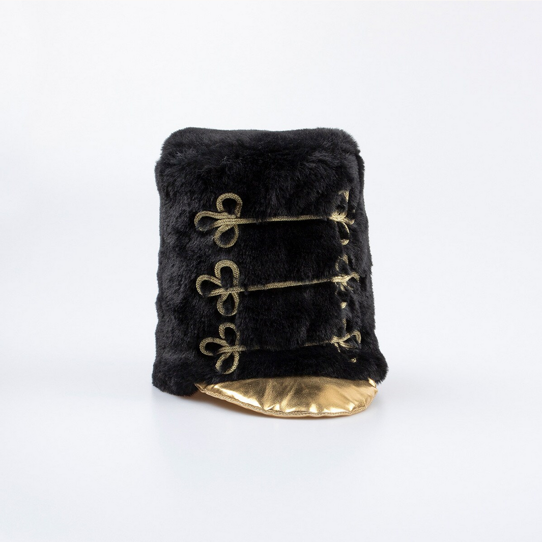 Black fur pouch with gold accents on a white background