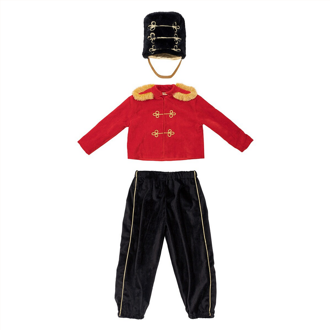 Red jacket with gold accents, black pants, and a black hat on a white background