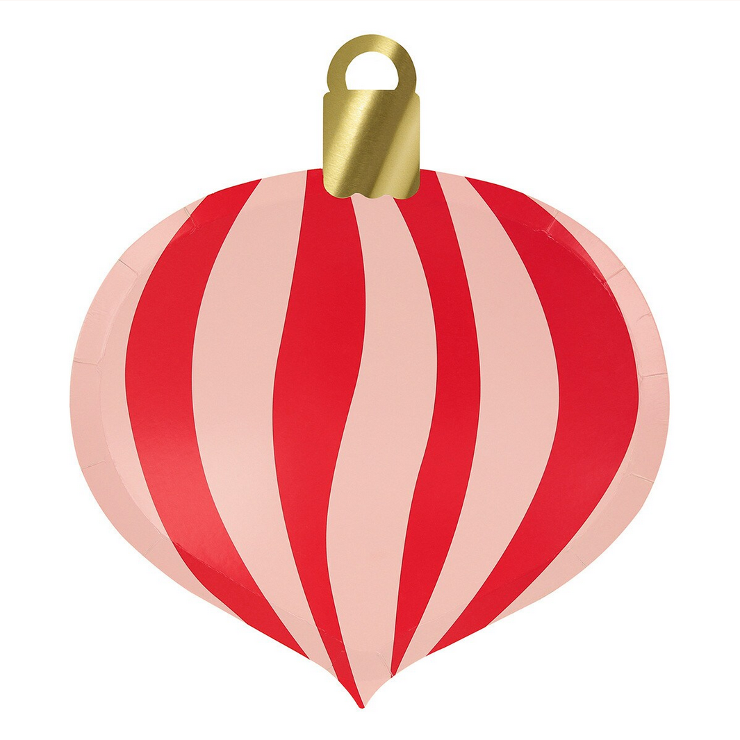 Red and pink striped ornament with a gold cap on a white background