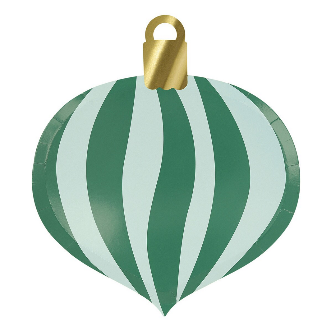 Green and white striped ornament with a gold hook on a white background