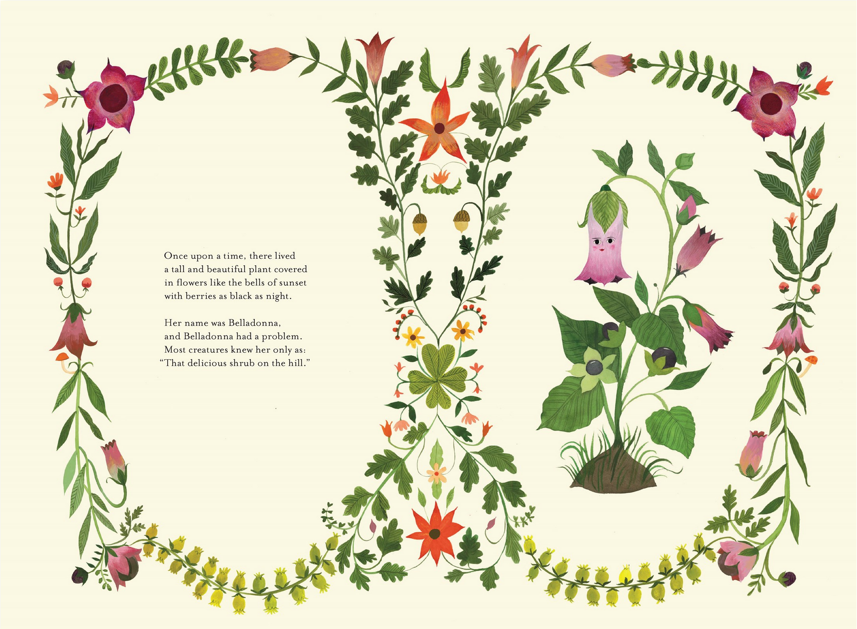 Decorative floral pages with illustrations and text on a light background