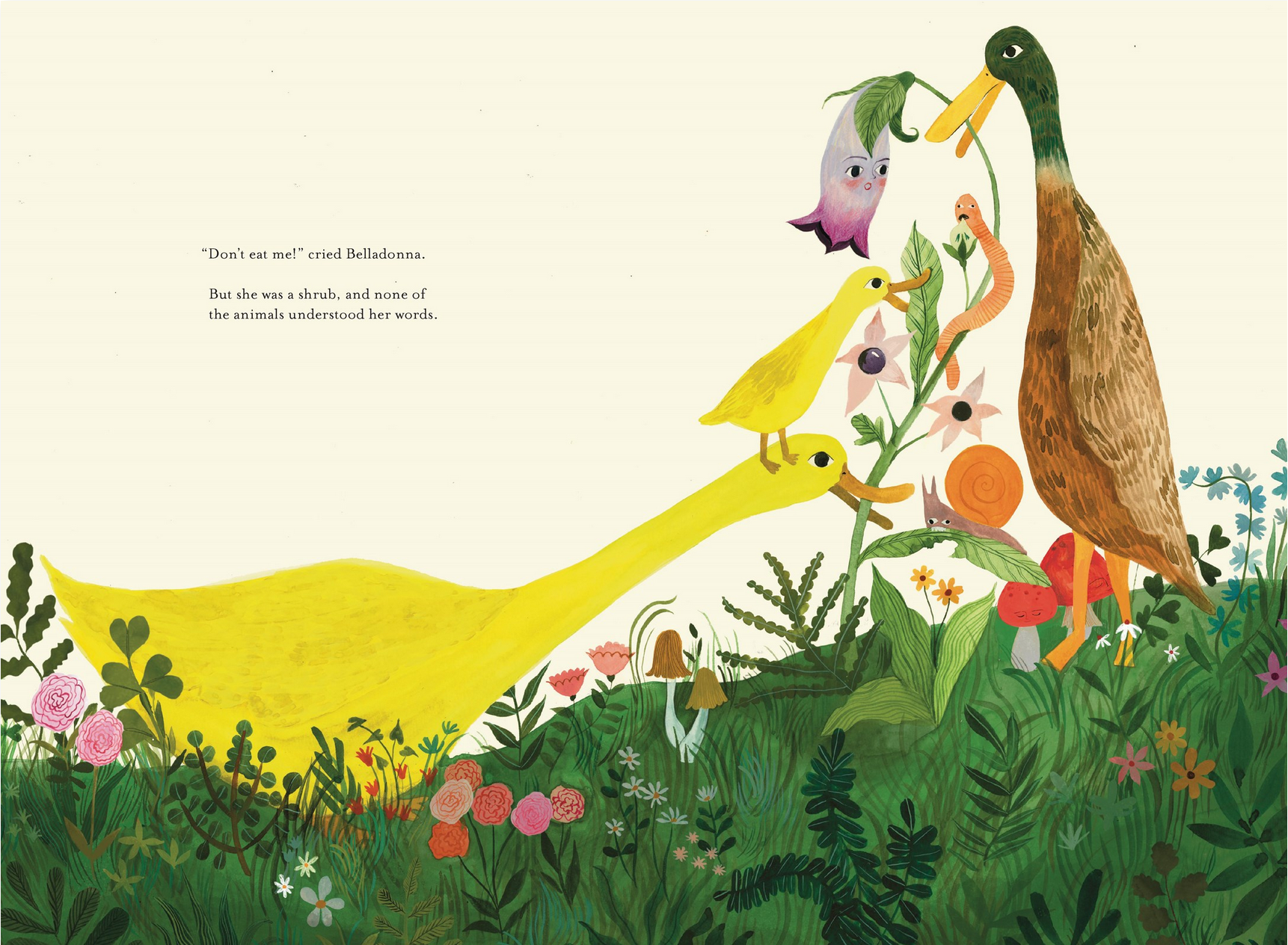 Illustration of a yellow duck and other animals in a garden with text.