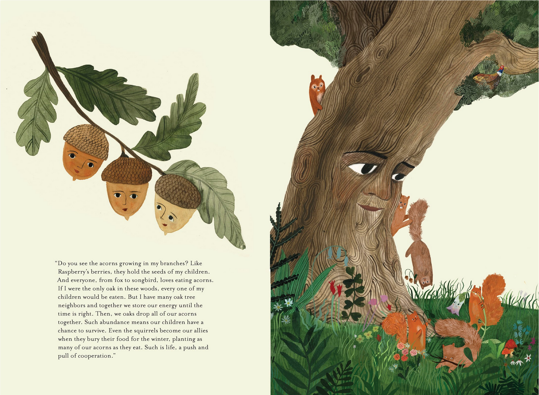 Illustrated book page with a tree face and acorns in a forest setting