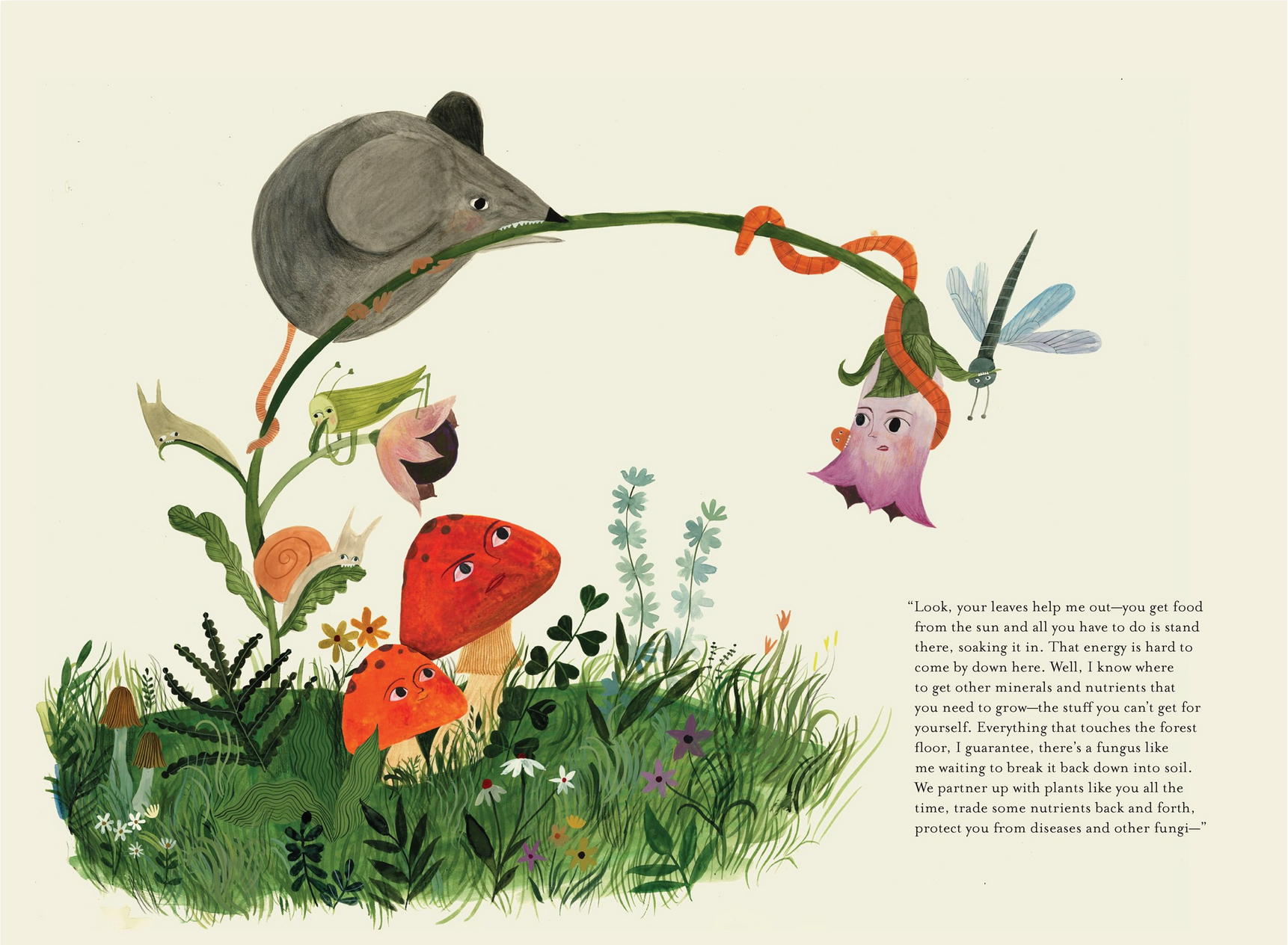 Illustration of a mouse, flowers, and a dragonfly in a garden setting with text.