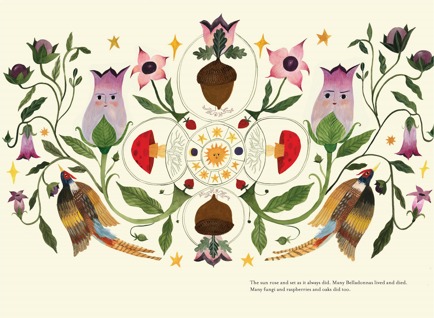 Decorative illustration with birds, flowers, and leaves on a white background