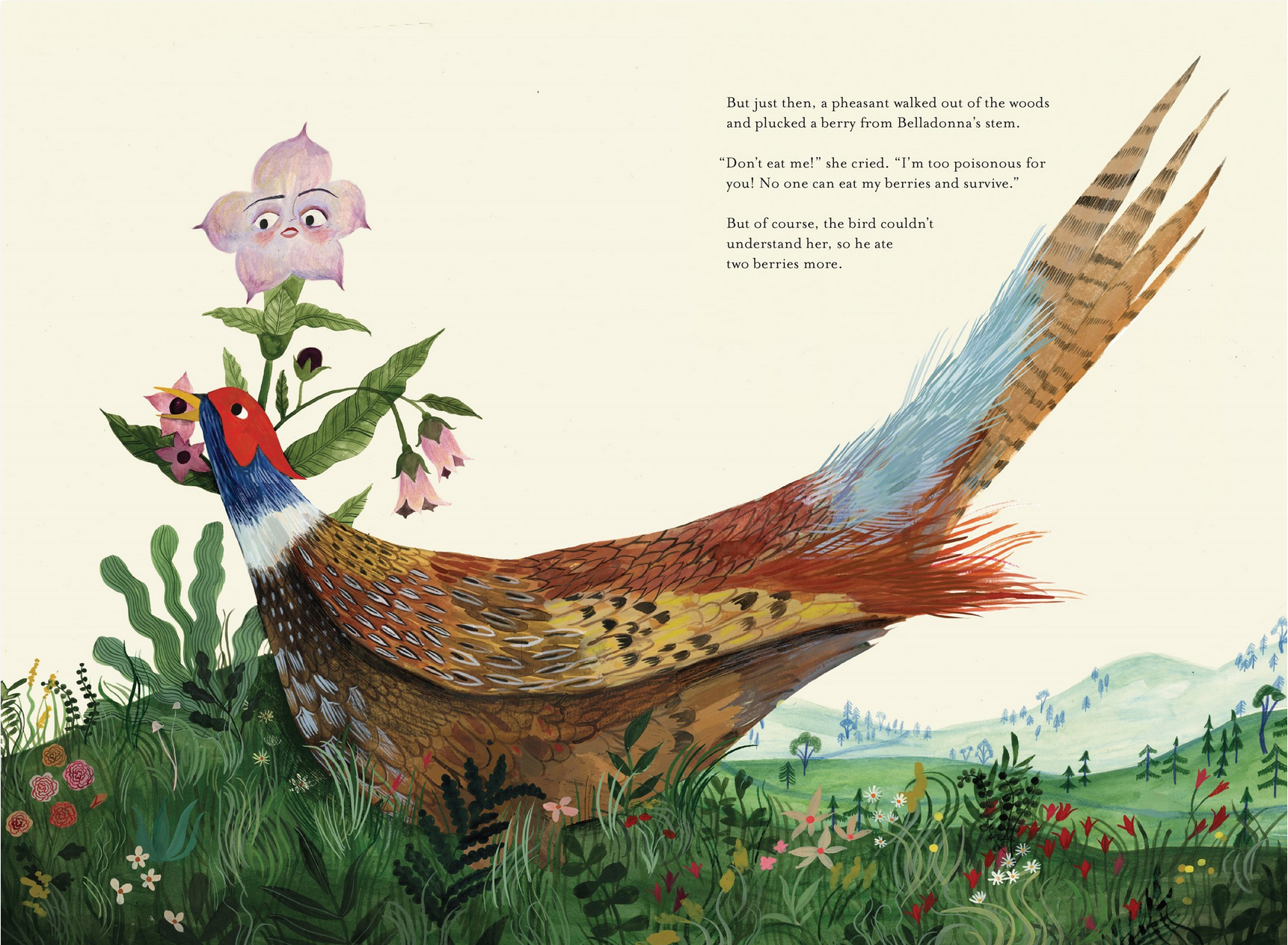 Illustration of a pheasant and a small creature in a garden setting with text.