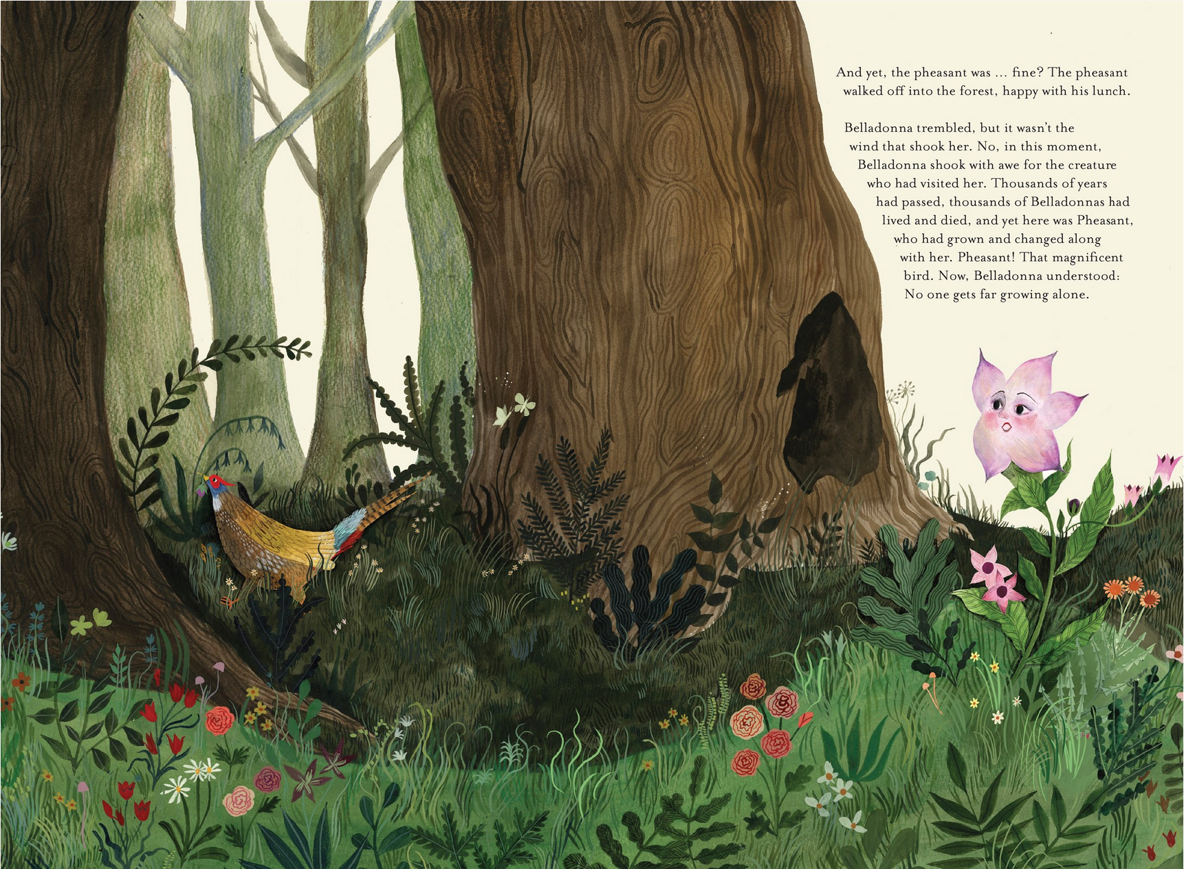 Illustrated forest scene with animals and flowers, featuring text on a white background.