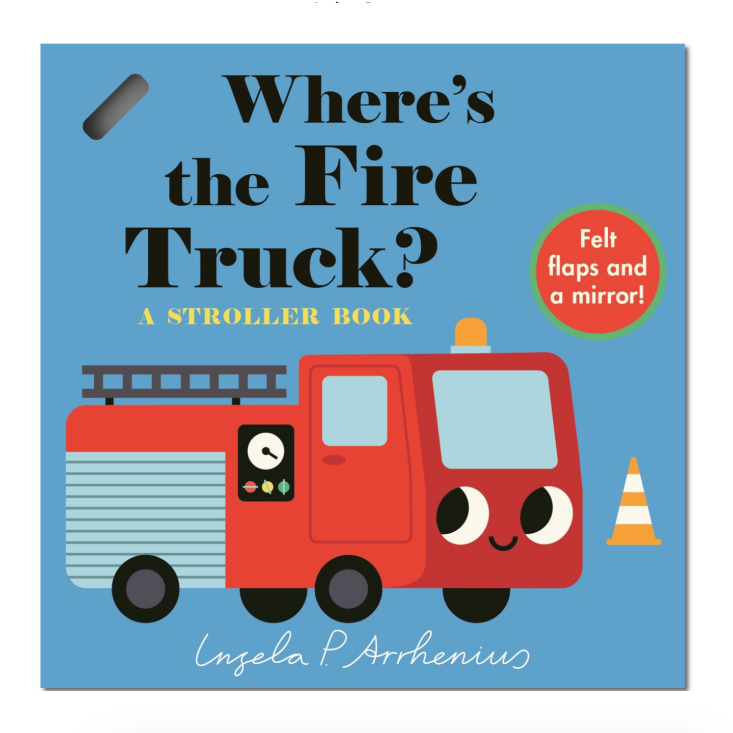 Book cover of 'Where's the Fire Truck?' with a red fire truck illustration on a blue background.