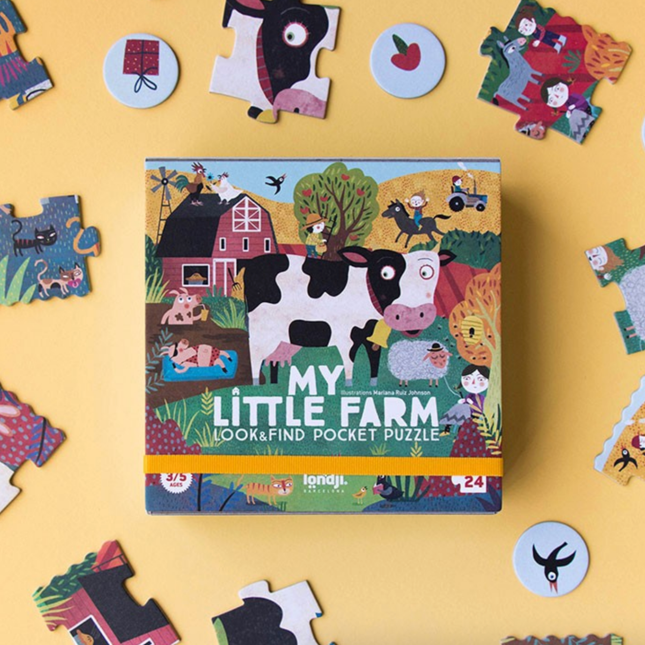 Puzzle box titled 'My Little Farm' with puzzle pieces on a yellow background