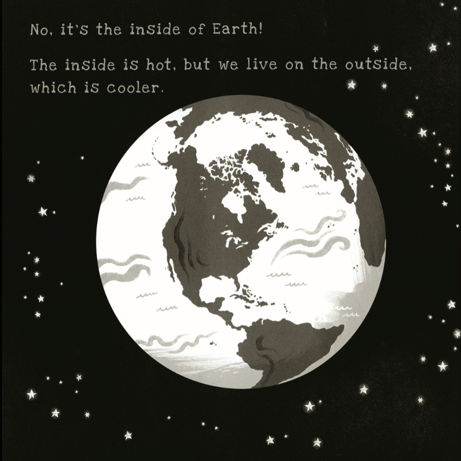 Black and white illustration of Earth with text explaining the inside and outside of the planet.