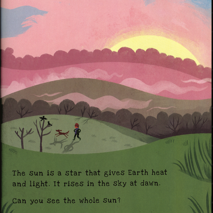 Illustration of a landscape with a sunset, trees, and a child with a dog, accompanied by educational text.
