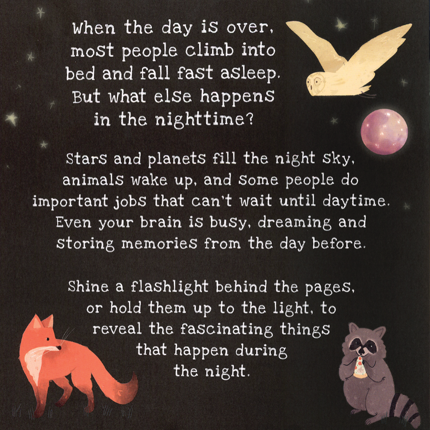 Text with illustrations of an owl, fox, and raccoon on a dark background.