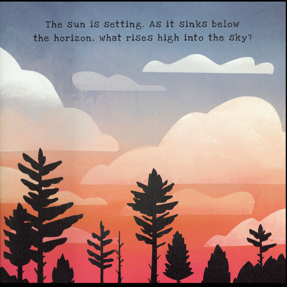 Surreal landscape with trees and clouds, featuring a question about the sky.