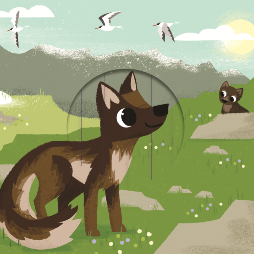 Illustration of a wolf and a fox in a natural setting with birds and mountains.