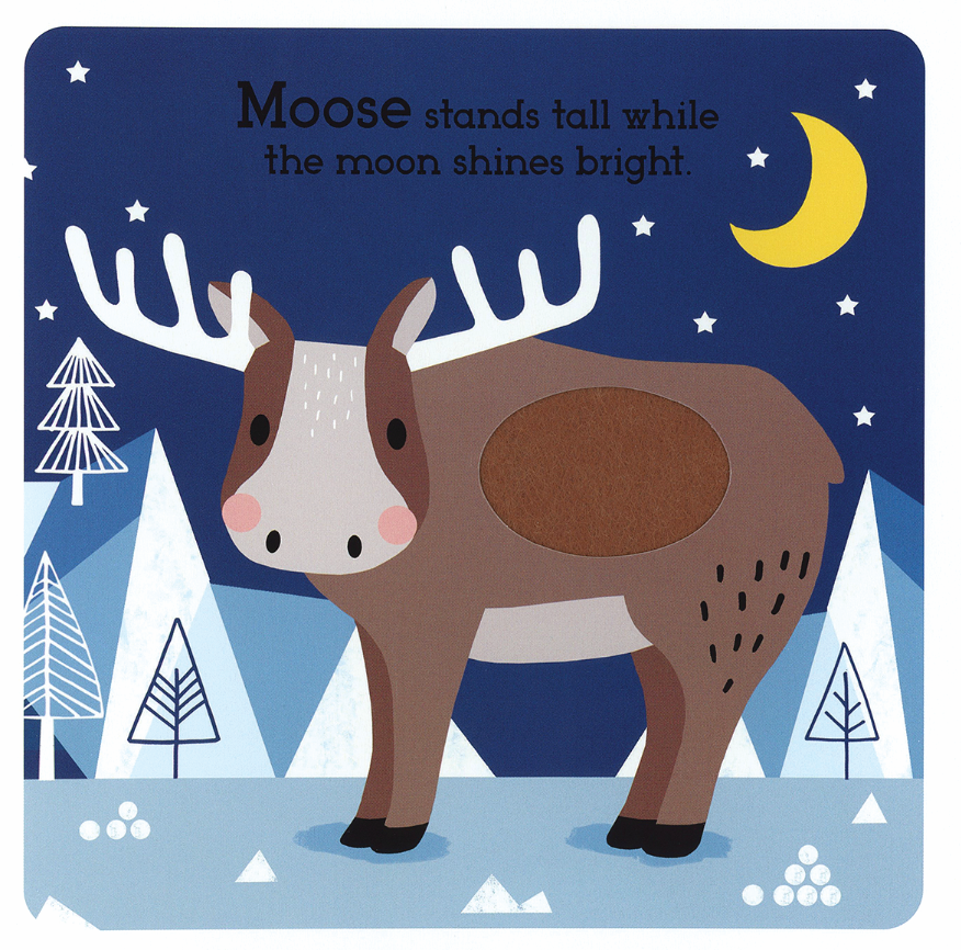 Illustration of a moose in a nighttime setting with stars and a moon.
