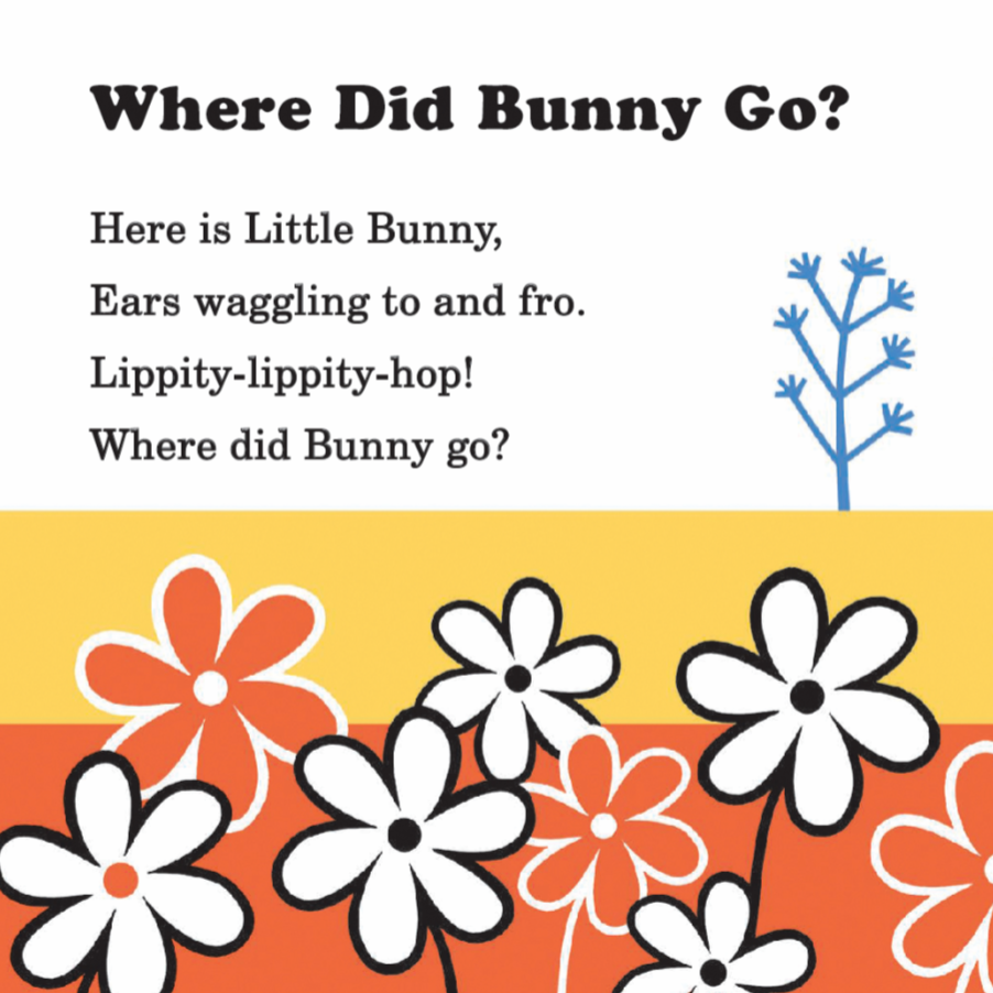 Children's poem with floral design and question 'Where did Bunny go?'