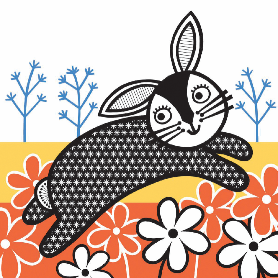 Illustration of a black and white rabbit with floral and tree background