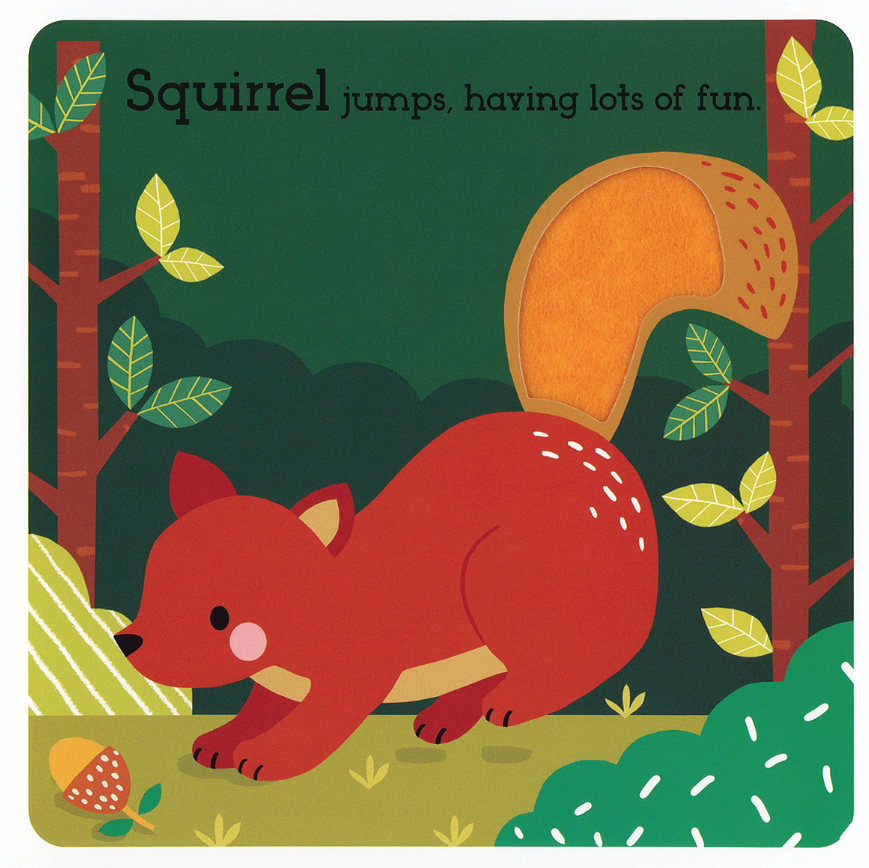 Illustration of a squirrel with an acorn in a forest setting
