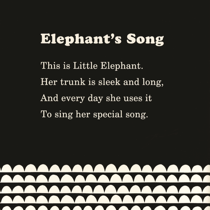 Text poem about a little elephant and her trunk on a black background with white text and pattern.