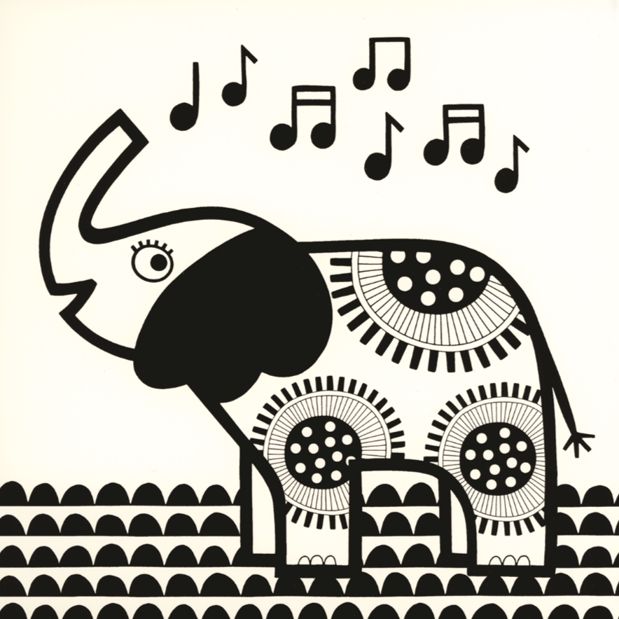 Decorative illustration of an elephant with musical notes above it on a white background
