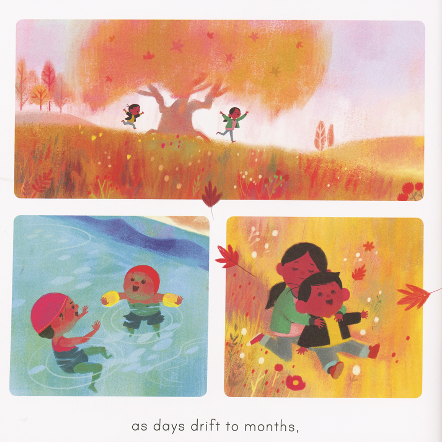 Illustrations of children playing in a field, swimming, and hugging with text 'as days drift to months.'