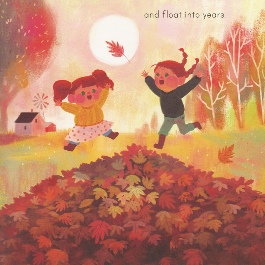 Illustration of two children playing in a field with autumn leaves and a house in the background.