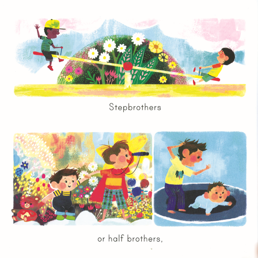 Illustrations of children playing with a seesaw and other activities on a white background.
