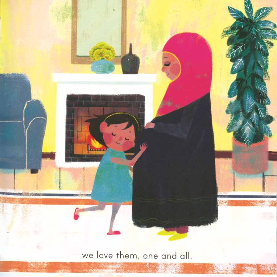 Illustration of a woman and a child in a cozy living room with a fireplace.