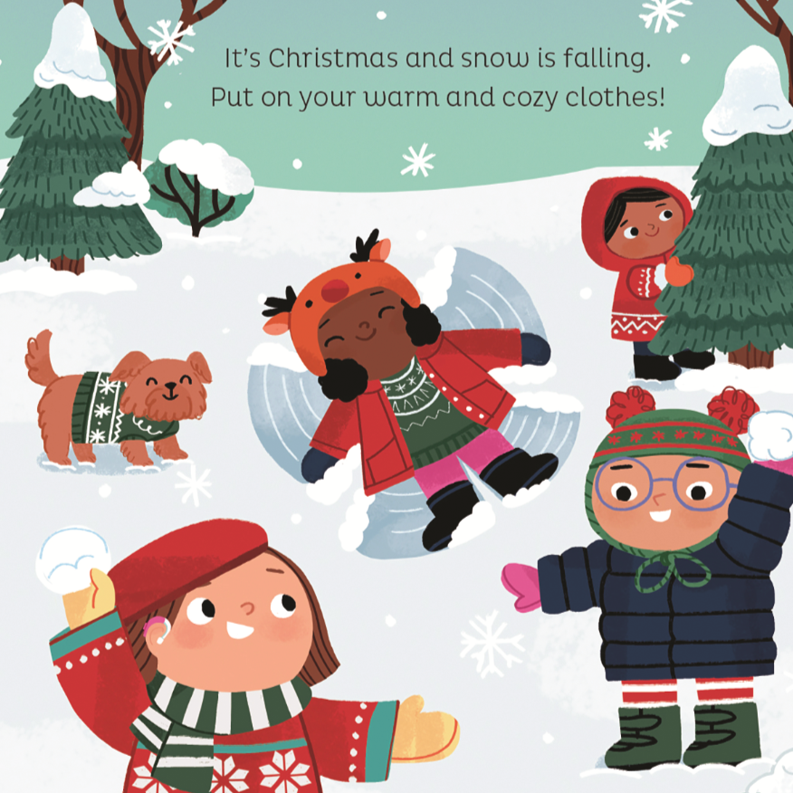 Illustration of children and a dog enjoying a snowy day with text about Christmas and warm clothes.