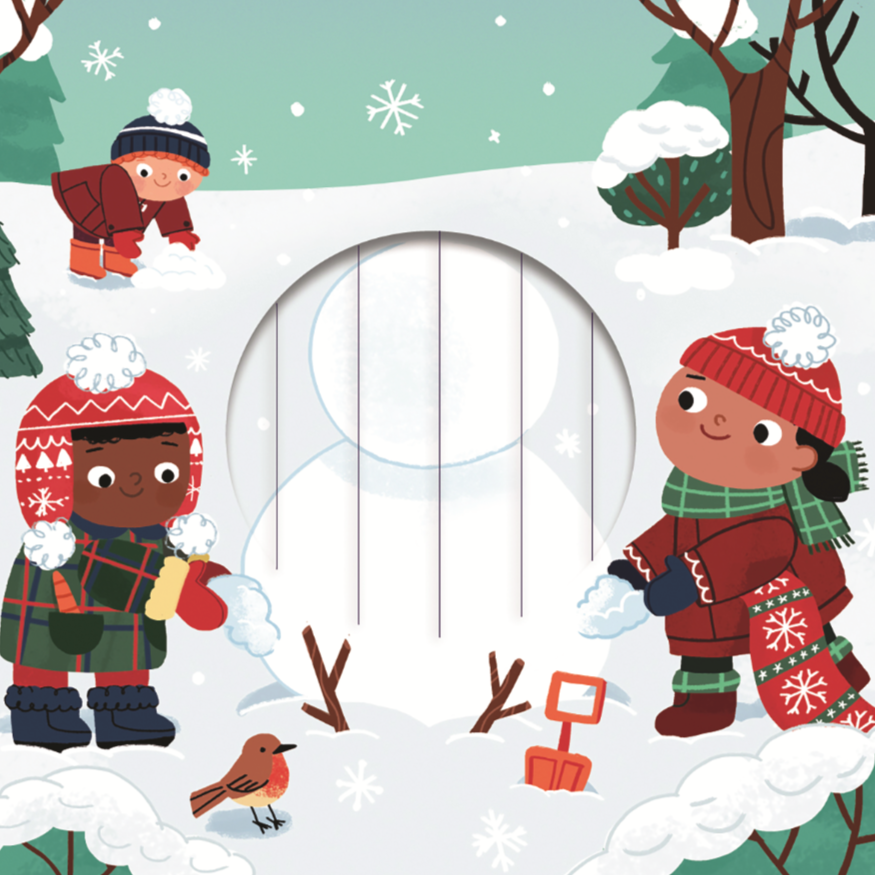 Illustration of children playing in the snow with a snowman and a bird.