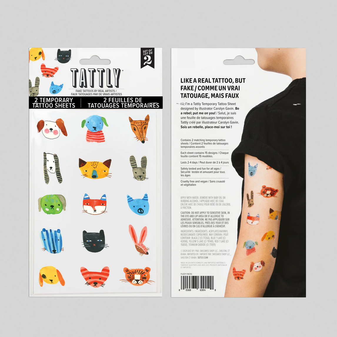 Tattly temporary tattoo sheets with animal designs, packaging, and a person wearing tattoos.