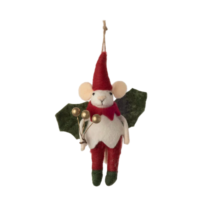 Decorative mouse ornament with a red hat and green wings on a white background
