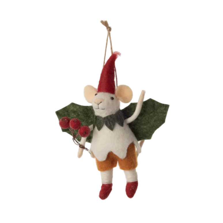Decorative mouse ornament with a Santa hat and red shoes on a white background