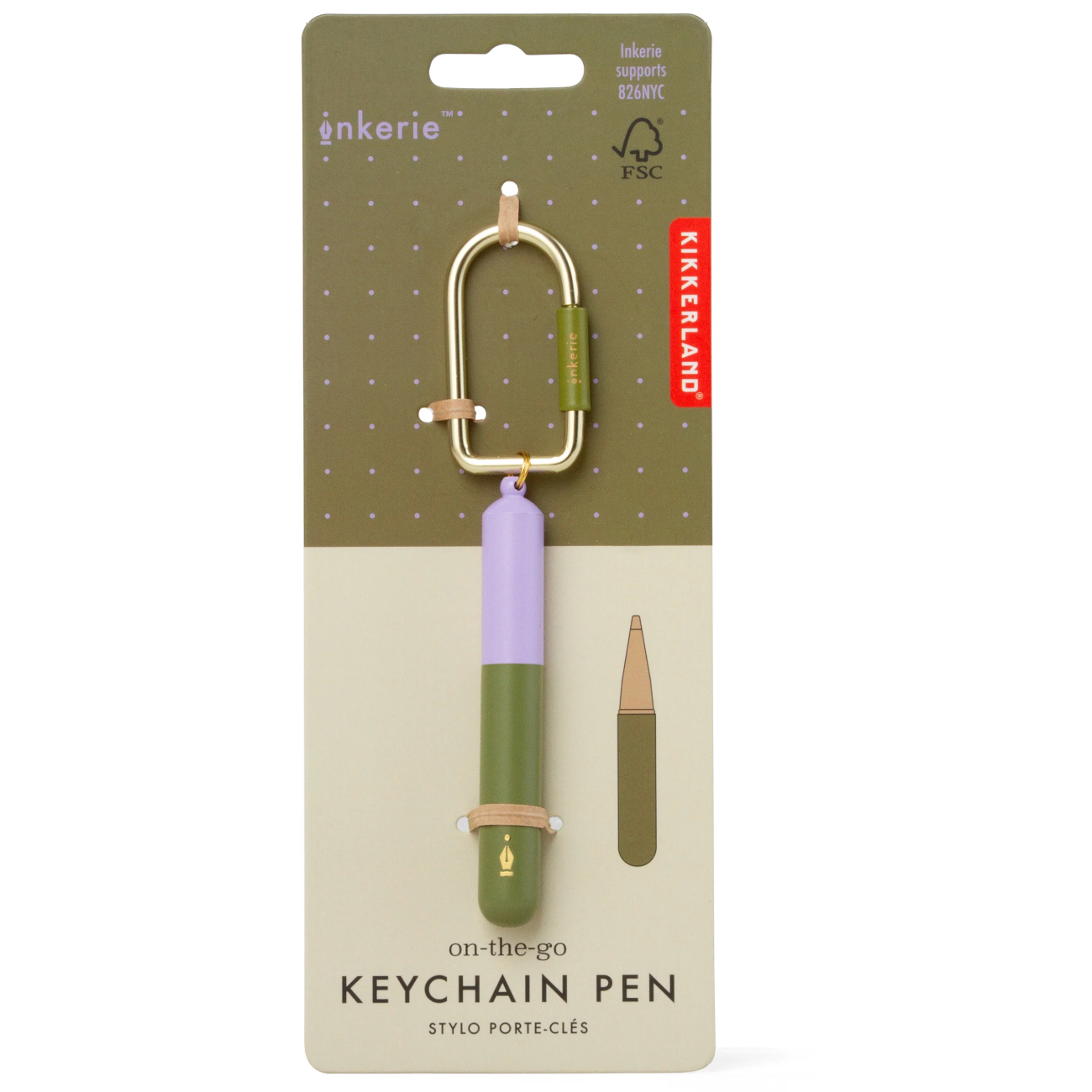 Keychain pen packaging with green pen and purple cap on a beige card, featuring 'enkerie' branding.