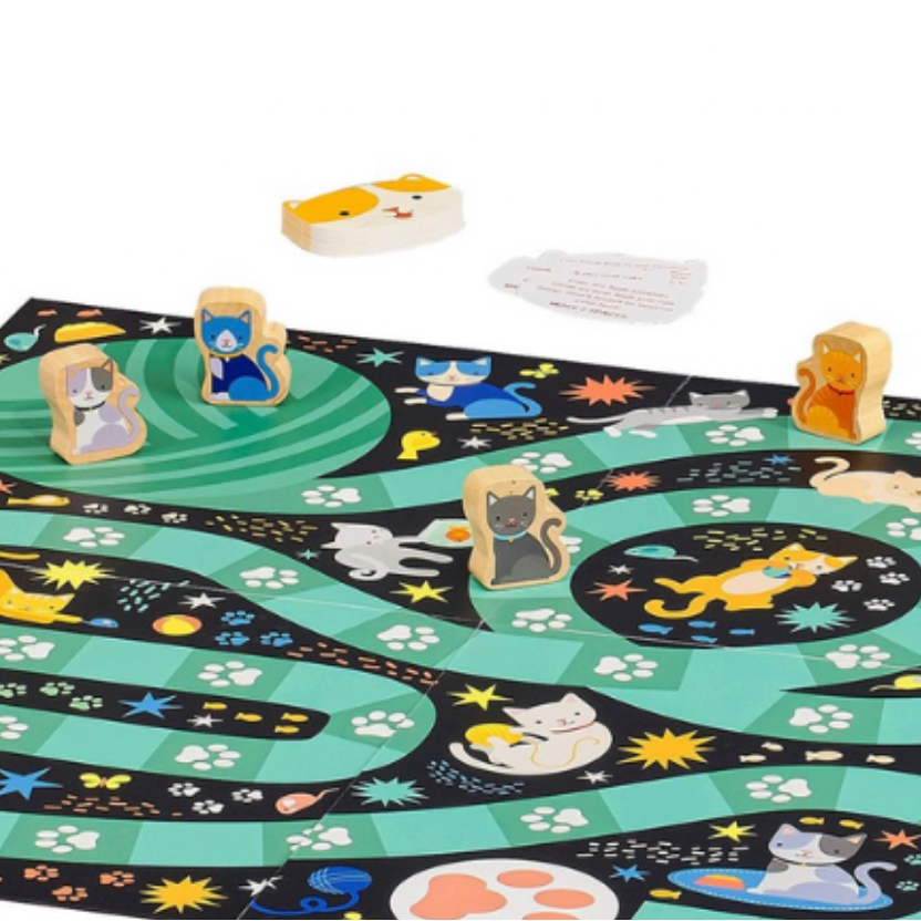 Board game with cat-themed design on a white background