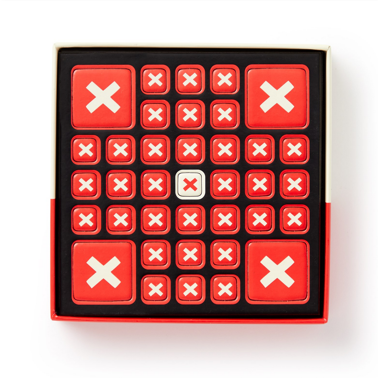 Grid of red square stickers with white 'X' marks on a black border