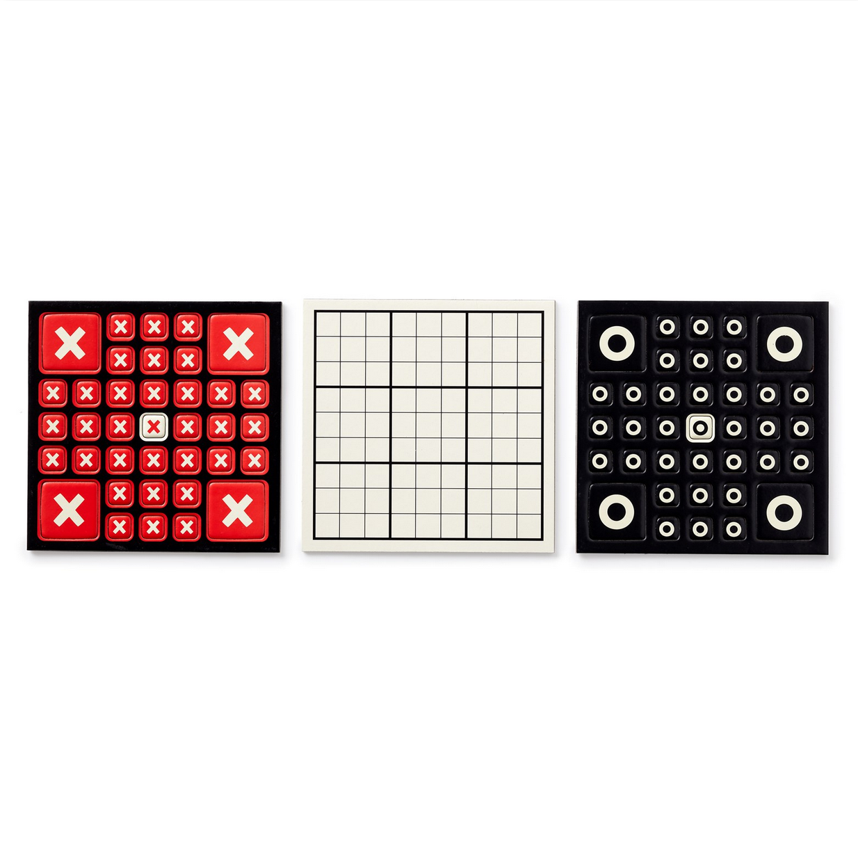 Three board games with different patterns on a white background