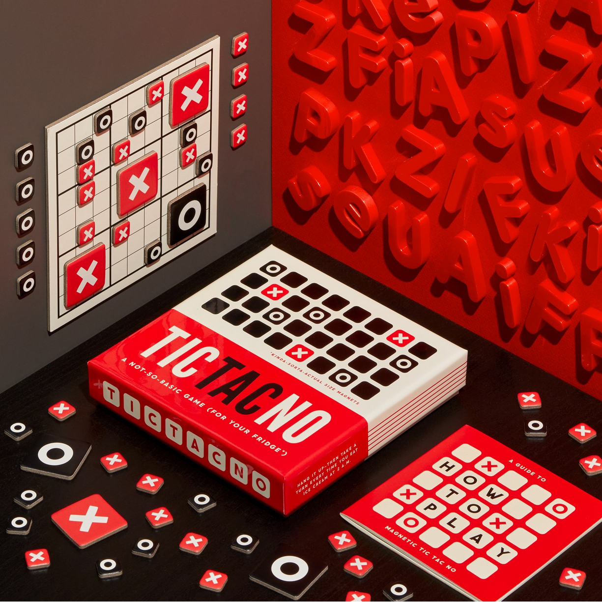 Tic Tac No board game with pieces and instructions on a red and black background