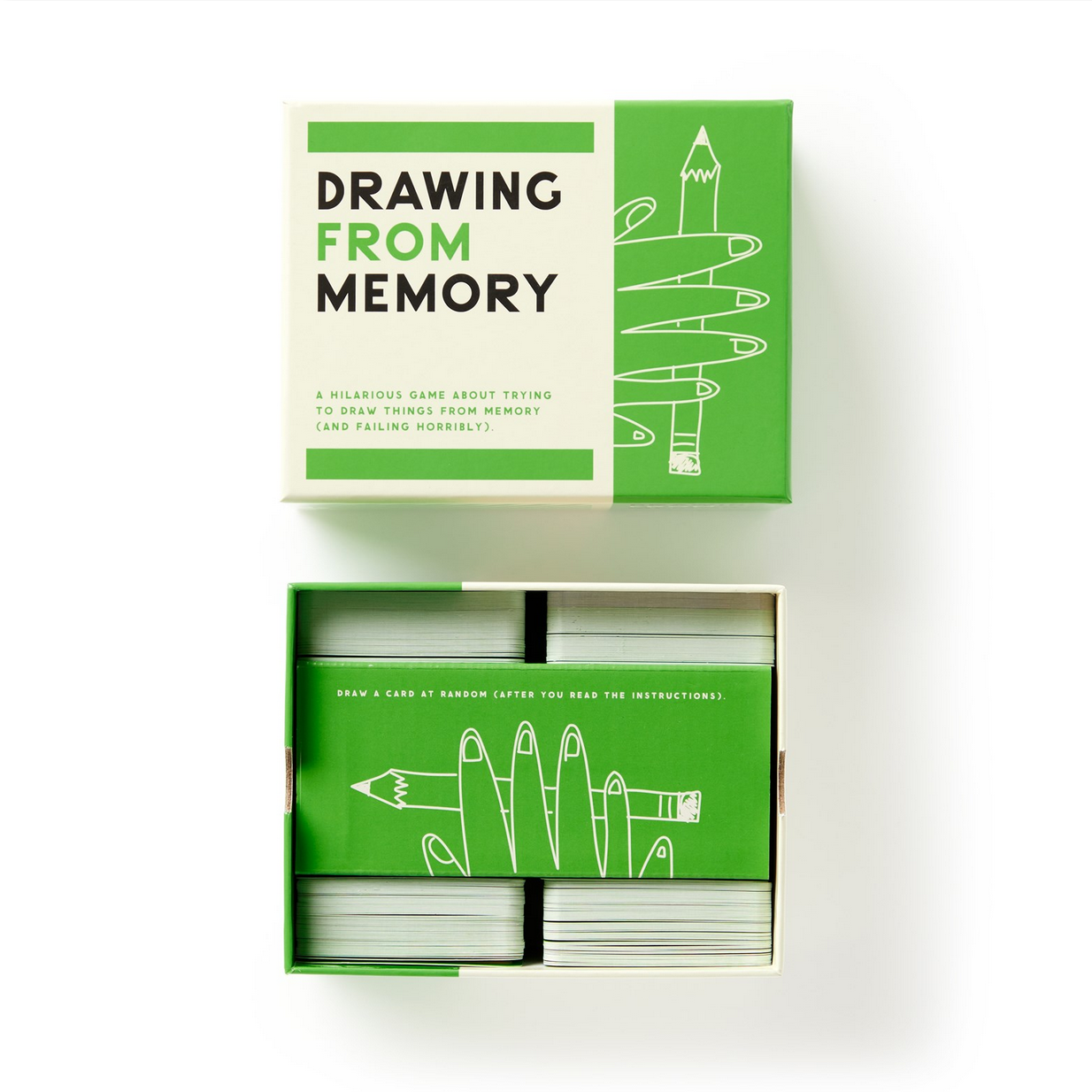 Card game packaging titled 'Drawing from Memory' with green and white design on a white background
