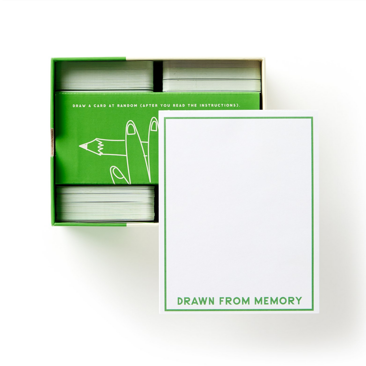 Card game packaging with green and white design on a white background